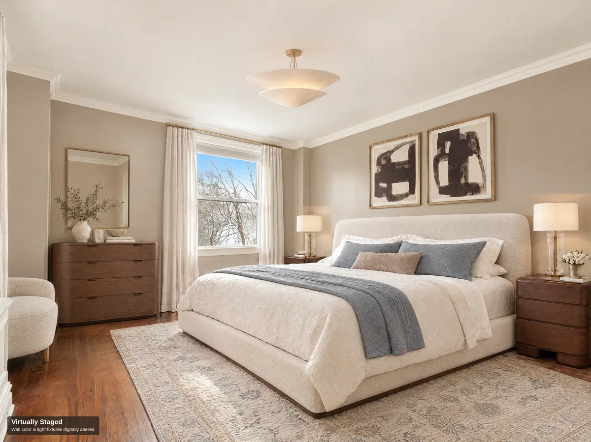 The primary bedroom, virtually staged